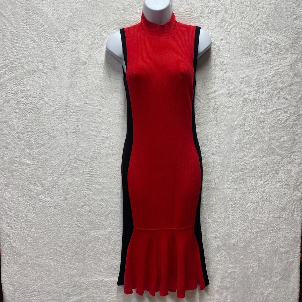 Venus Bodycon Knit Dress Womens Small Red Black Cocktail Sleeveless Flounce Hem